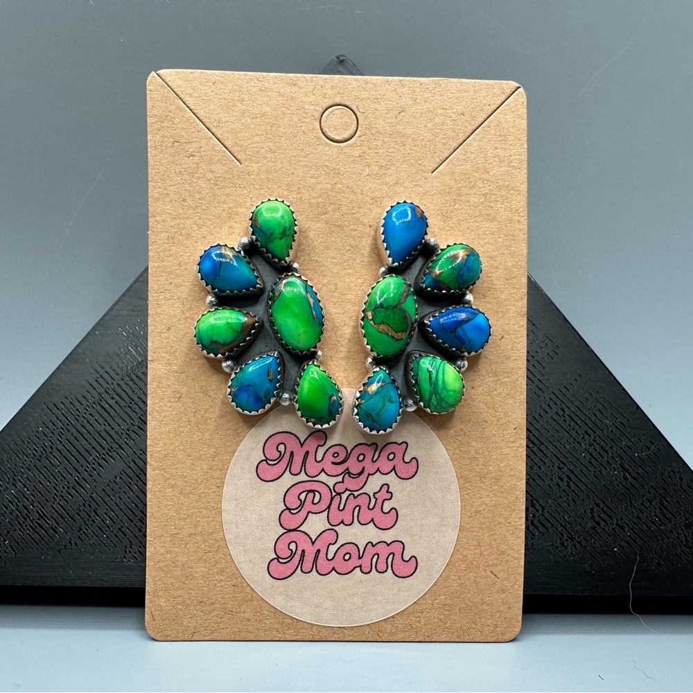 🦚 Peacock Dahlia Turquoise Sterling Silver 925 Half Cluster Earrings Handmade